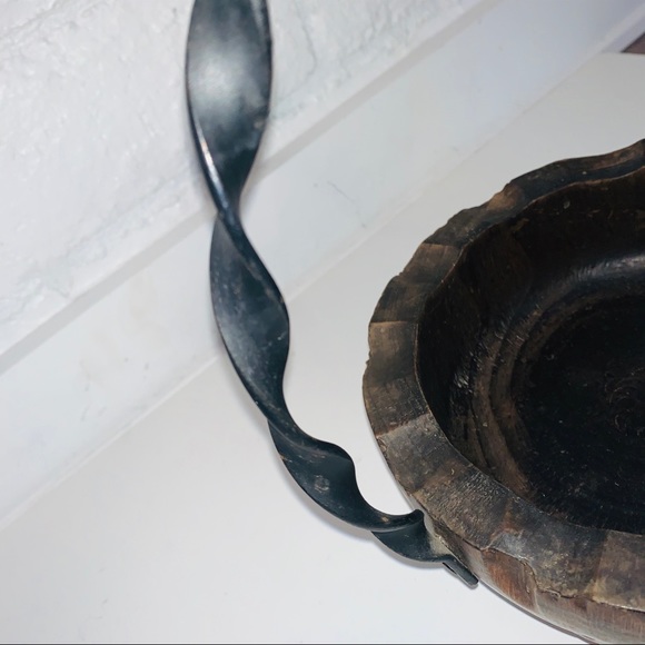 Solid Wood Carved Basket w/ Twisted Iron Handle - Picture 6 of 8